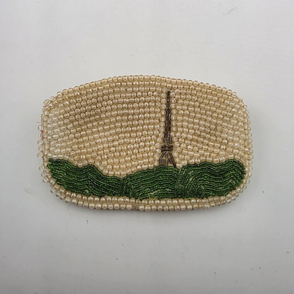 Vintage Faux Pearl Beaded Coin Purse Paris eiffel tower 1950s Bag Clutch 4x3